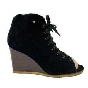 Ugg Elyse Black Leather‎ Open Toe Lace Up Wedge Womens Booties Size 7